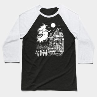 Witch Flying Over Full Moon & Haunted House, Spooky Halloween Gothic Baseball T-Shirt